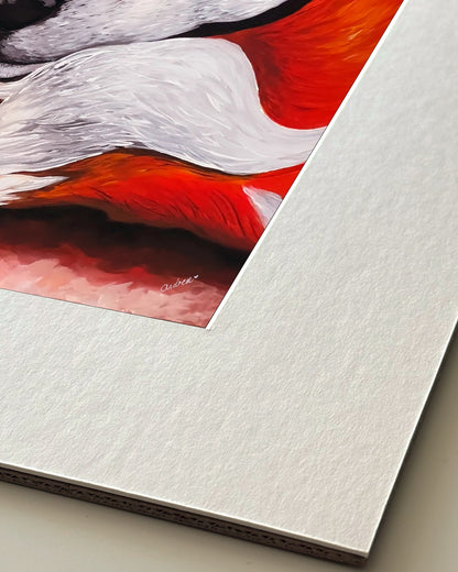 Andrea Nicole 'Quiet Curiosity' giclée fine art print in an off-white window mount, shown corner-on so the bevel-cut window opening, 100% cotton paper and mount board are visible. | an:family=print;role=mount