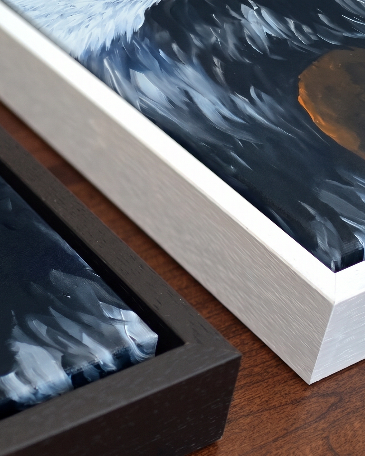 Andrea Nicole 'Secret Whispers' gallery canvas in a tray float frame — close detail of the floating edge and frame moulding. | an:family=canvas;role=hero