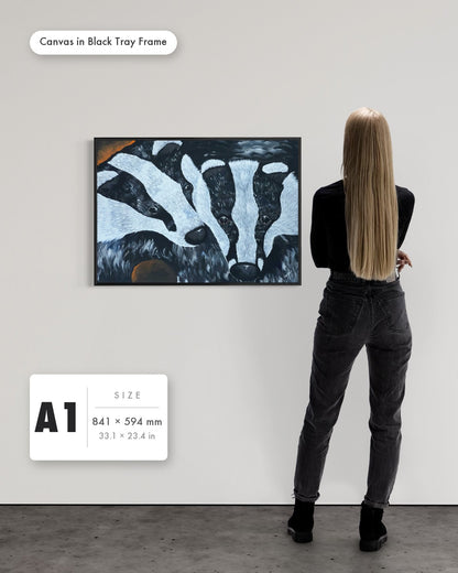 Andrea Nicole 'Secret Whispers' fine art canvas in a black tray float frame, A1 — shown to scale on a gallery wall with a size guide card. | an:family=canvas;role=sizeref;size=A1;finish=black