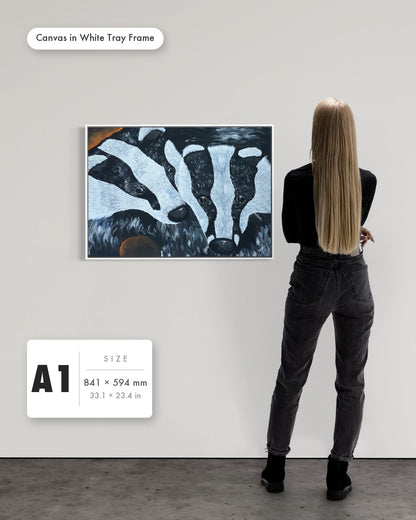 Andrea Nicole 'Secret Whispers' fine art canvas in a white tray float frame, A1 — shown to scale on a gallery wall with a size guide card. | an:family=canvas;role=sizeref;size=A1;finish=white
