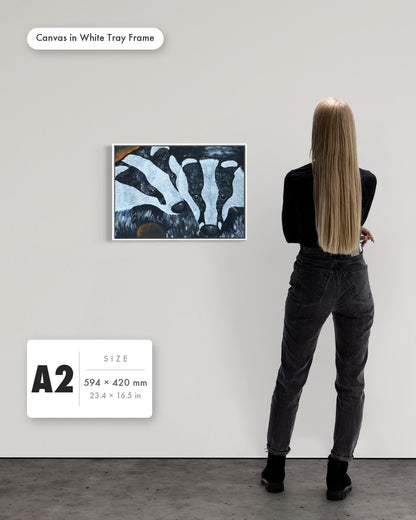 Andrea Nicole 'Secret Whispers' fine art canvas in a white tray float frame, A2 — shown to scale on a gallery wall with a size guide card. | an:family=canvas;role=sizeref;size=A2;finish=white