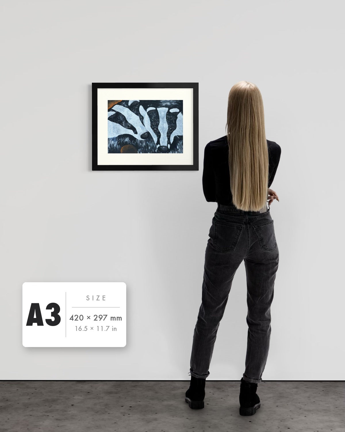 Secret Whispers — A3 (420 x 297 mm) black frame art print shown to scale beside a person, with a size guide card. | an:family=print;role=sizeref;size=A3;finish=black