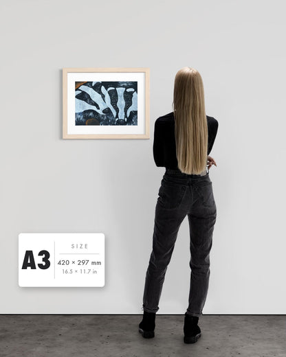 Secret Whispers — A3 (420 x 297 mm) natural frame art print shown to scale beside a person, with a size guide card. | an:family=print;role=sizeref;size=A3;finish=natural