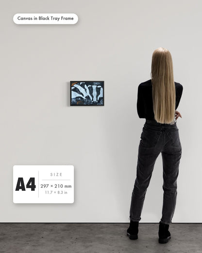 Andrea Nicole 'Secret Whispers' fine art canvas in a black tray float frame, A4 — shown to scale on a gallery wall with a size guide card. | an:family=canvas;role=sizeref;size=A4;finish=black