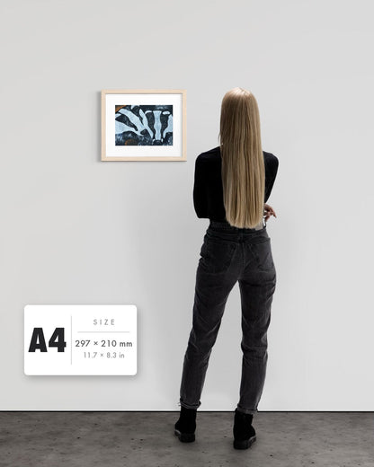 Secret Whispers — A4 (297 x 210 mm) natural frame art print shown to scale beside a person, with a size guide card. | an:family=print;role=sizeref;size=A4;finish=natural