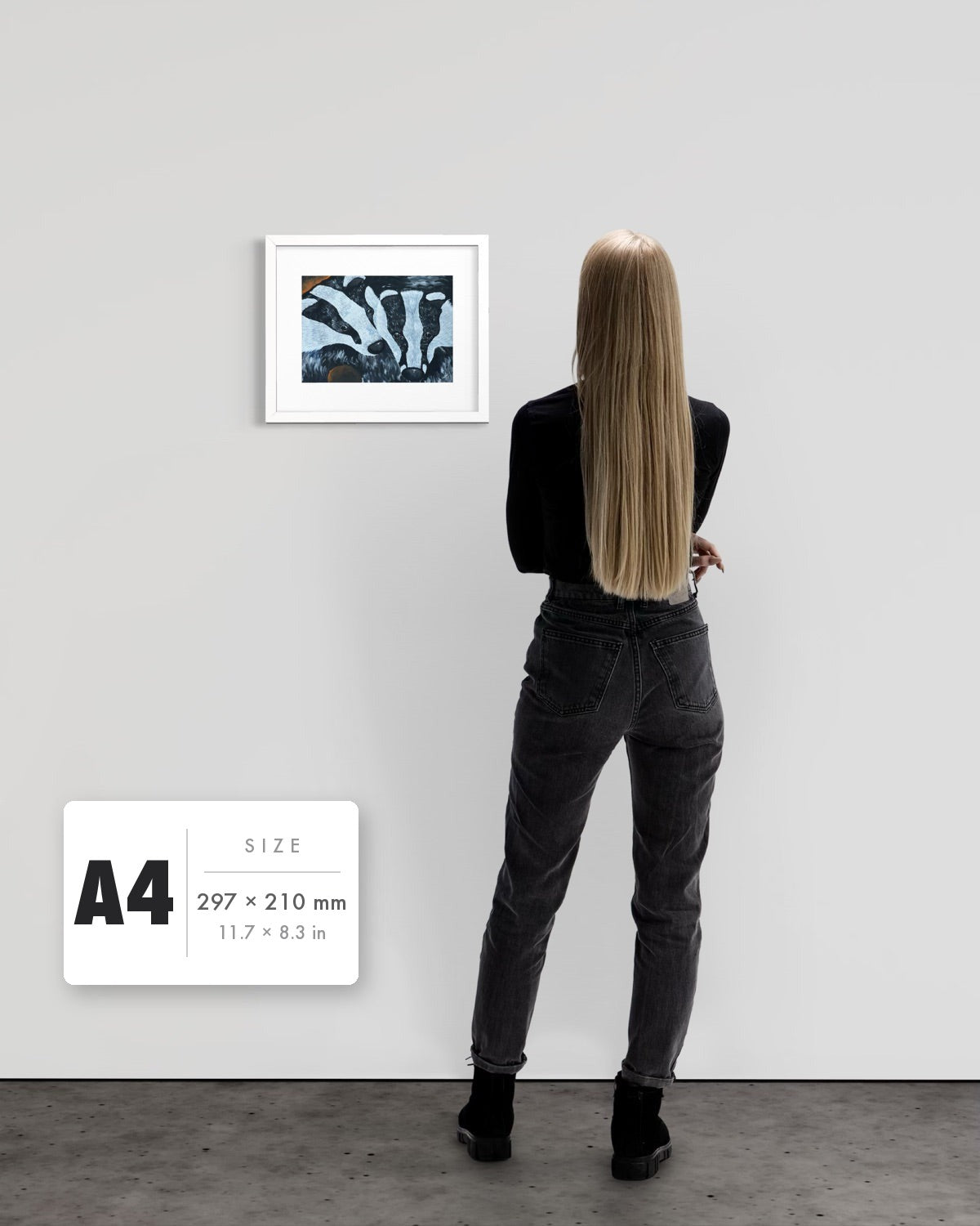 Secret Whispers — A4 (297 x 210 mm) white frame art print shown to scale beside a person, with a size guide card. | an:family=print;role=sizeref;size=A4;finish=white