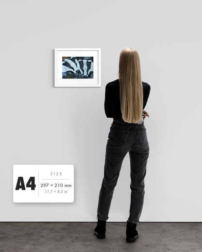 Secret Whispers — A4 (297 x 210 mm) white frame art print shown to scale beside a person, with a size guide card. | an:family=print;role=sizeref;size=A4;finish=white