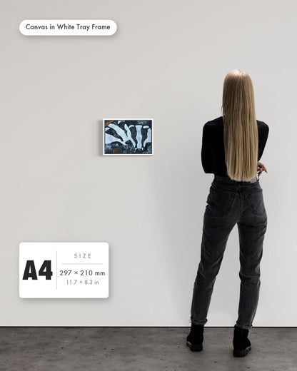 Andrea Nicole 'Secret Whispers' fine art canvas in a white tray float frame, A4 — shown to scale on a gallery wall with a size guide card. | an:family=canvas;role=sizeref;size=A4;finish=white