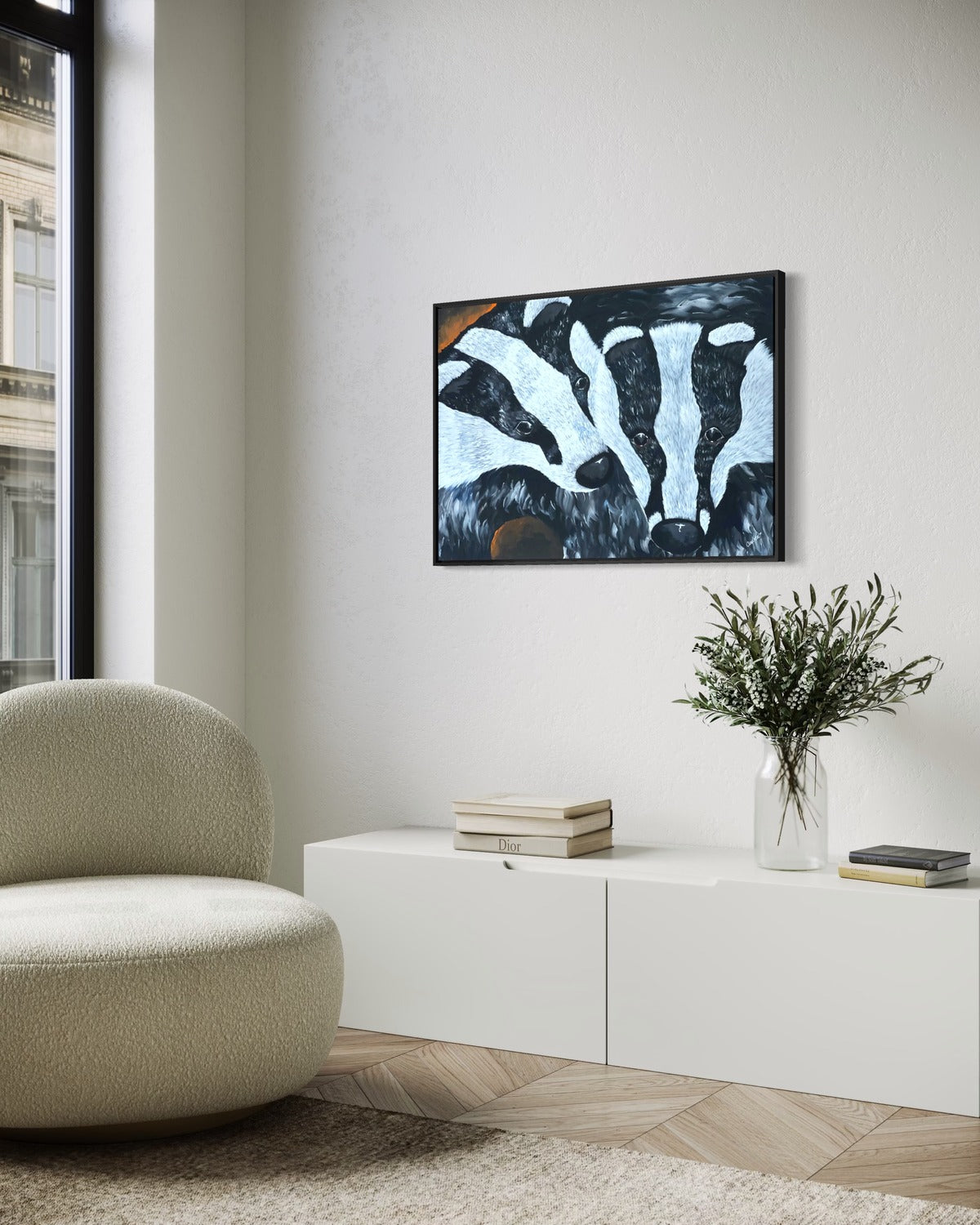 Andrea Nicole 'Secret Whispers' fine art canvas in a black tray float frame, shown on the wall in a styled room setting. | an:family=canvas;role=hero;finish=black;scene=black_1