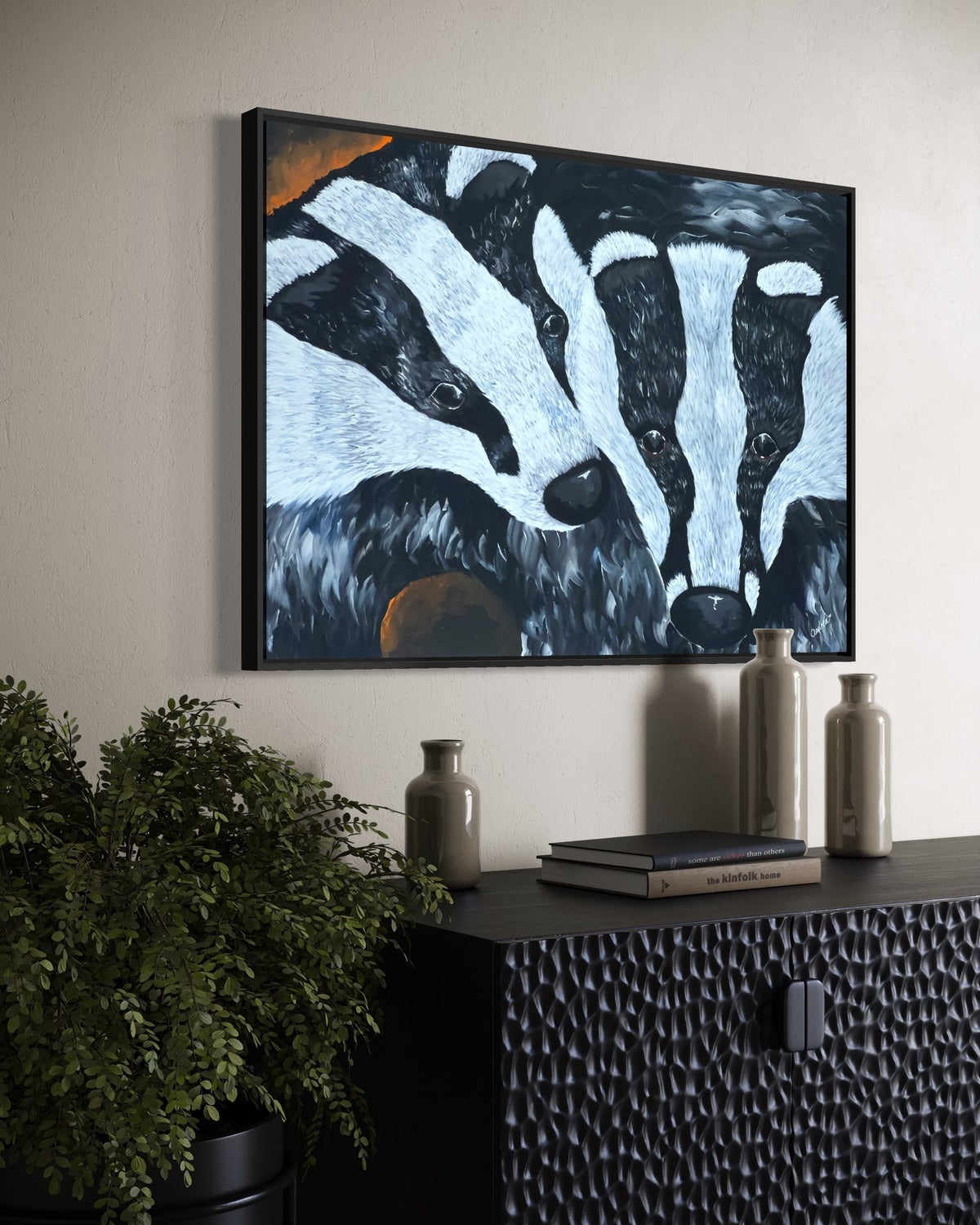 Andrea Nicole 'Secret Whispers' fine art canvas in a black tray float frame, shown on the wall in a styled room setting. | an:family=canvas;role=hero;finish=black;scene=black_2