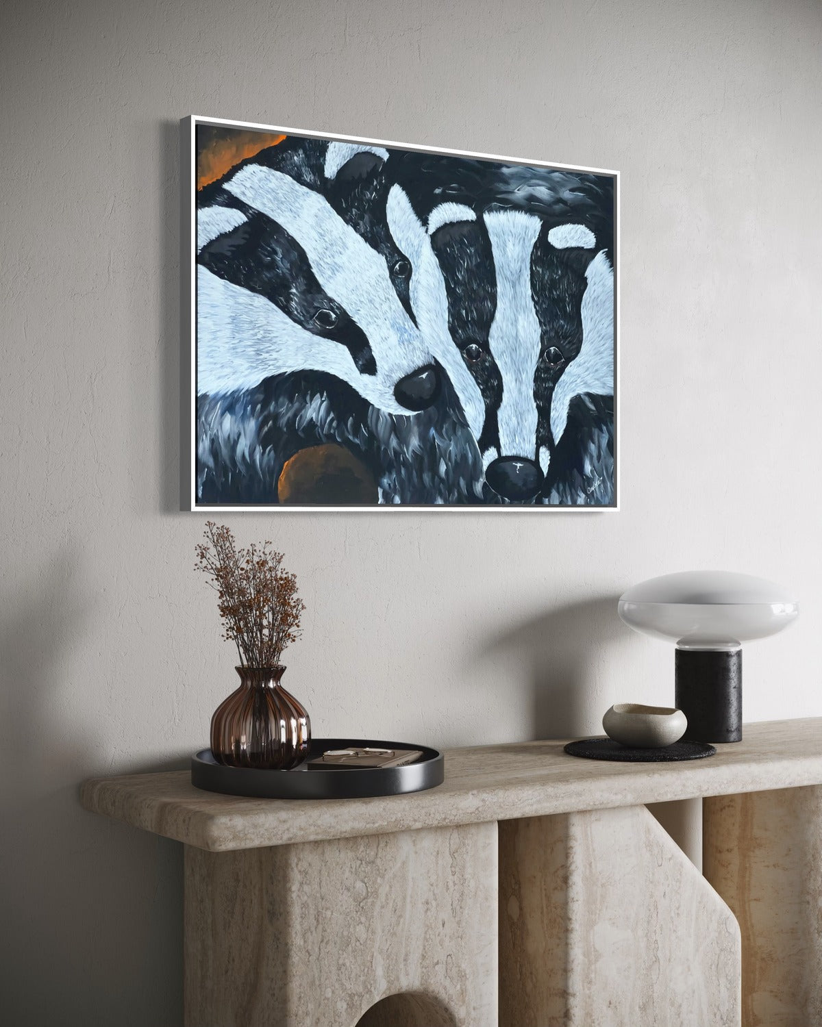 Andrea Nicole 'Secret Whispers' fine art canvas in a white tray float frame, shown on the wall in a styled room setting. | an:family=canvas;role=hero;finish=white;scene=white_2