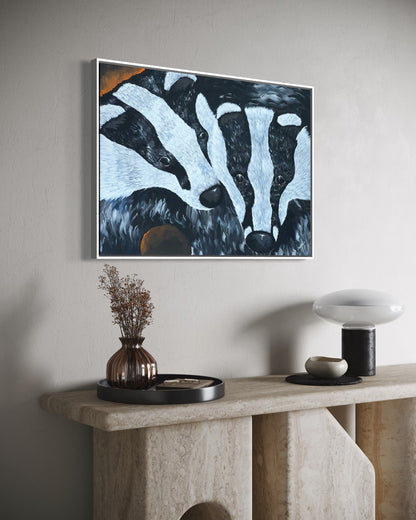 Andrea Nicole 'Secret Whispers' fine art canvas in a white tray float frame, shown on the wall in a styled room setting. | an:family=canvas;role=hero;finish=white;scene=white_2