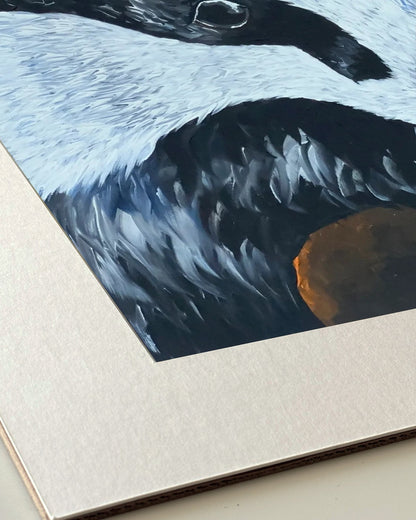 Andrea Nicole 'Secret Whispers' giclée fine art print in an off-white window mount, shown corner-on so the bevel-cut window opening, 100% cotton paper and mount board are visible. | an:family=print;role=mount