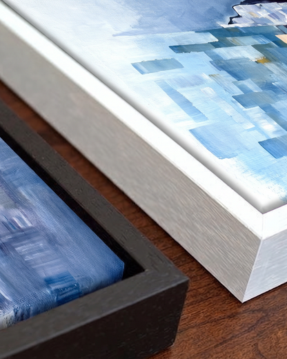 Andrea Nicole 'Solitude' gallery canvas in a tray float frame — close detail of the floating edge and frame moulding. | an:family=canvas;role=hero