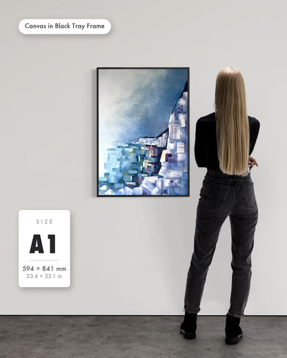 Andrea Nicole 'Solitude' fine art canvas in a black tray float frame, A1 — shown to scale on a gallery wall with a size guide card. | an:family=canvas;role=sizeref;size=A1;finish=black