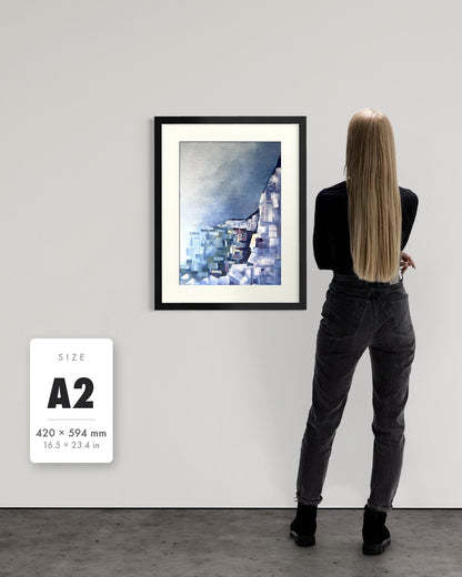 Solitude — A2 (420 x 594 mm) black frame art print shown to scale beside a person, with a size guide card. | an:family=print;role=sizeref;size=A2;finish=black