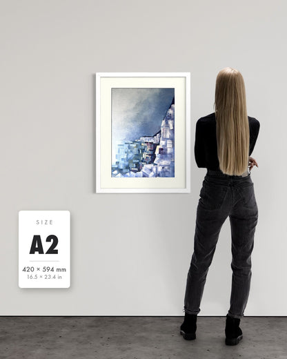 Solitude — A2 (420 x 594 mm) white frame art print shown to scale beside a person, with a size guide card. | an:family=print;role=sizeref;size=A2;finish=white