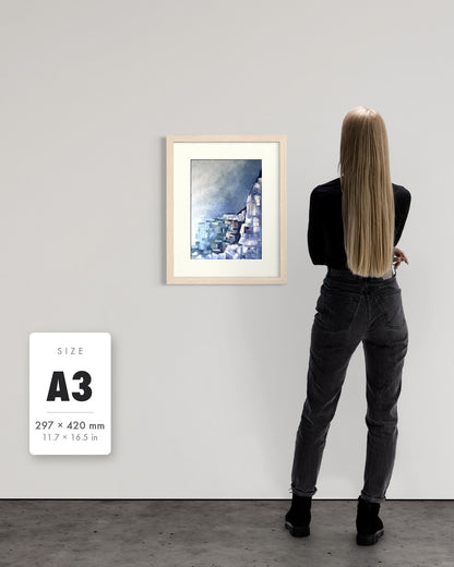 Solitude — A3 (297 x 420 mm) natural frame art print shown to scale beside a person, with a size guide card. | an:family=print;role=sizeref;size=A3;finish=natural