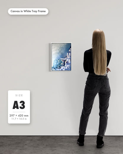 Andrea Nicole 'Solitude' fine art canvas in a white tray float frame, A3 — shown to scale on a gallery wall with a size guide card. | an:family=canvas;role=sizeref;size=A3;finish=white
