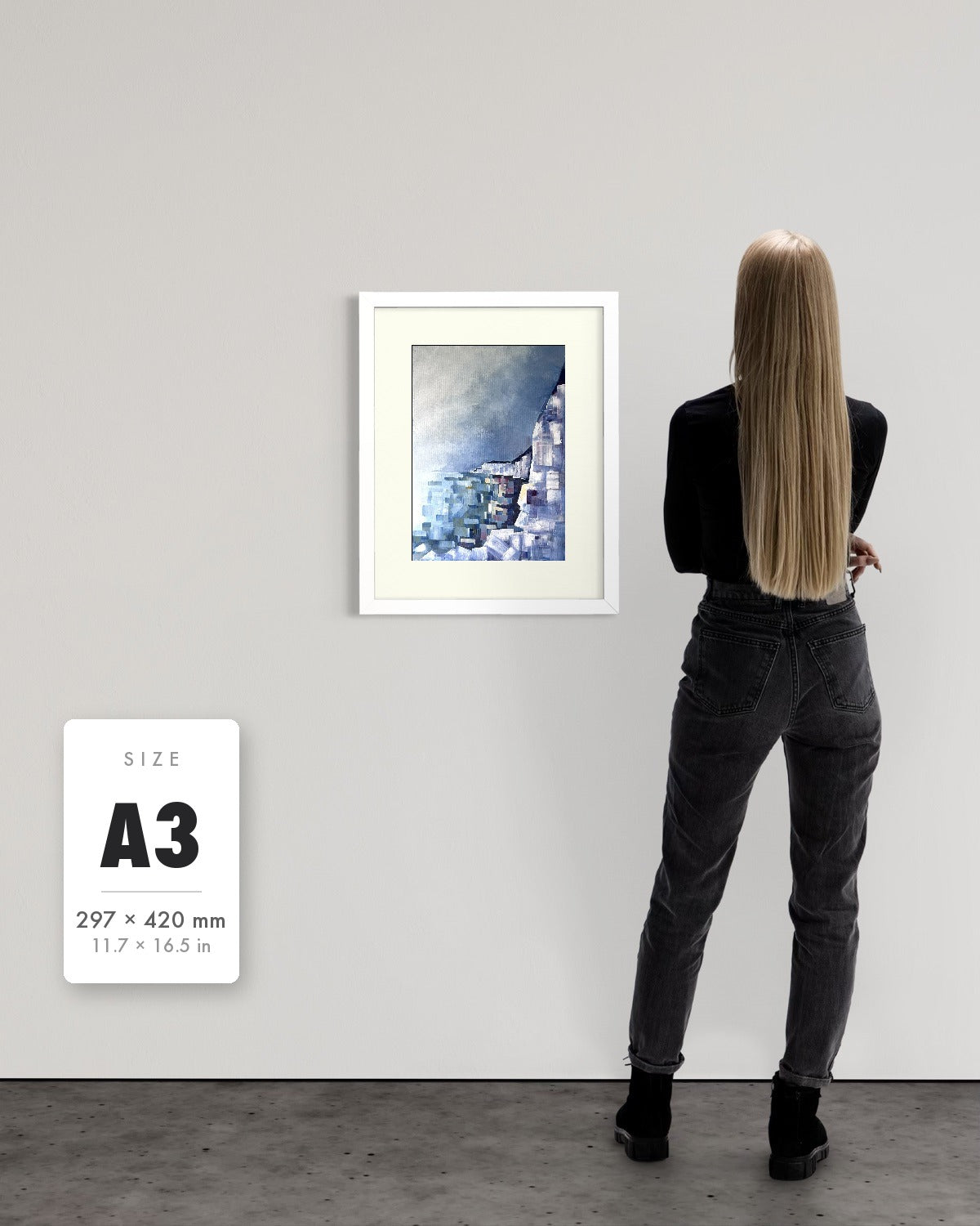 Solitude — A3 (297 x 420 mm) white frame art print shown to scale beside a person, with a size guide card. | an:family=print;role=sizeref;size=A3;finish=white