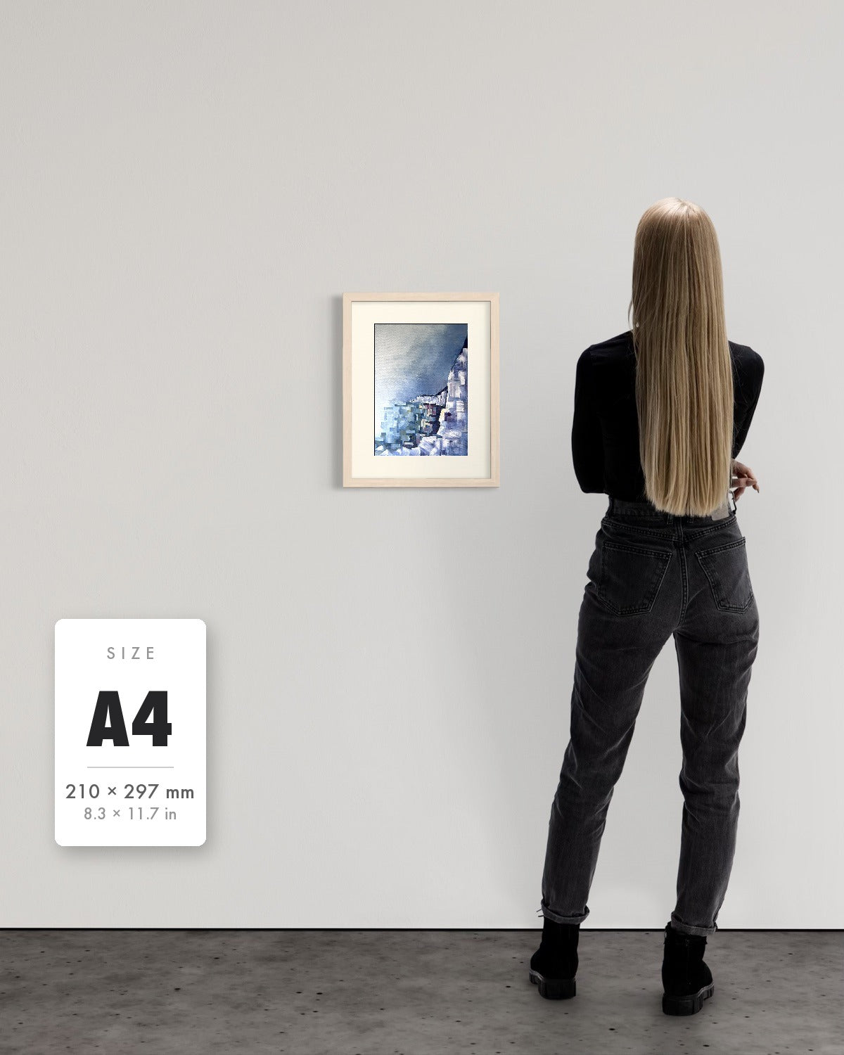 Solitude — A4 (210 x 297 mm) natural frame art print shown to scale beside a person, with a size guide card. | an:family=print;role=sizeref;size=A4;finish=natural