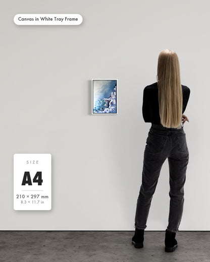 Andrea Nicole 'Solitude' fine art canvas in a white tray float frame, A4 — shown to scale on a gallery wall with a size guide card. | an:family=canvas;role=sizeref;size=A4;finish=white