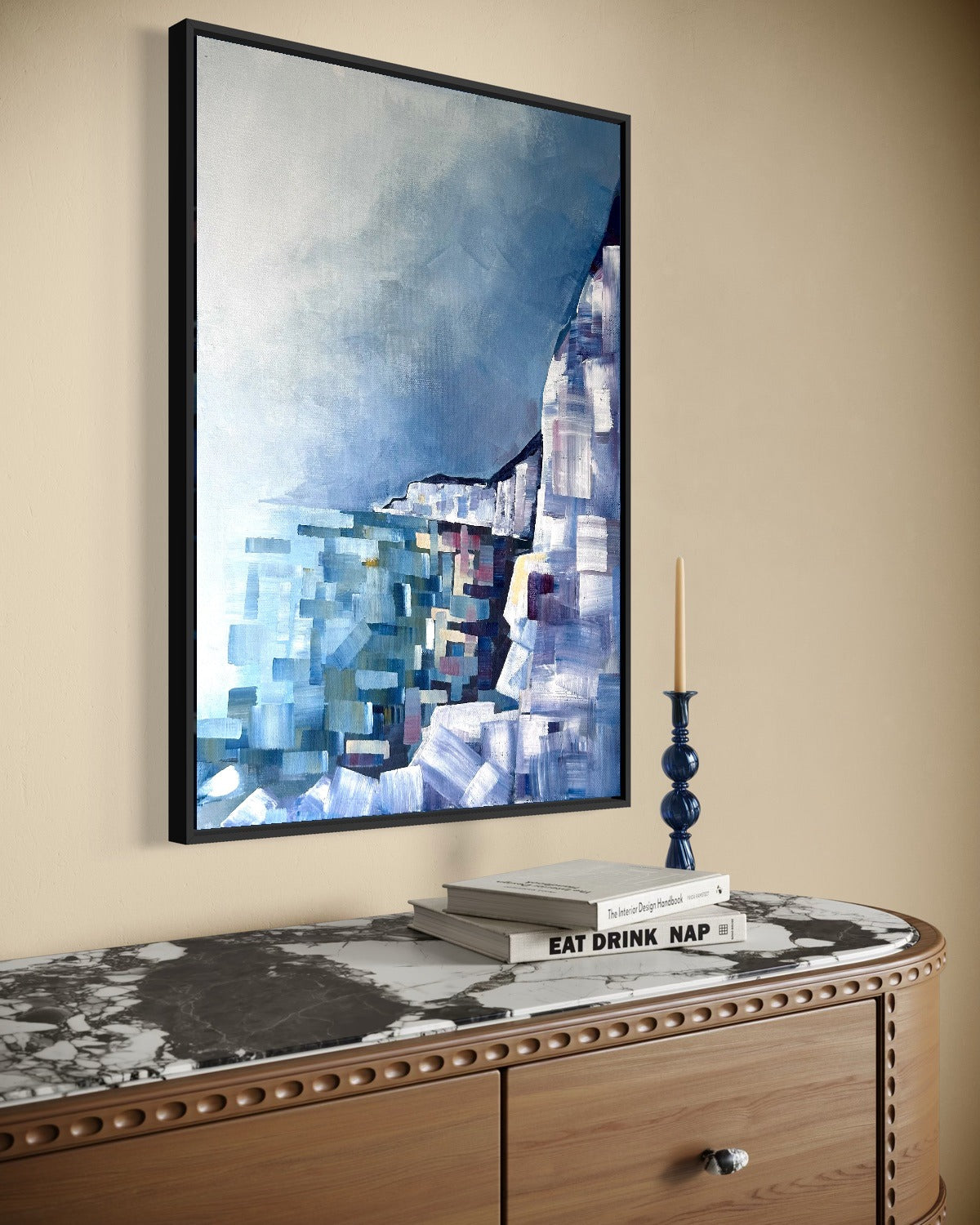 Andrea Nicole 'Solitude' fine art canvas in a black tray float frame, shown on the wall in a styled room setting. | an:family=canvas;role=hero;finish=black;scene=black_5