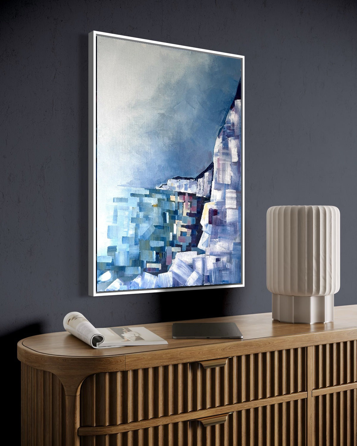 Andrea Nicole 'Solitude' fine art canvas in a white tray float frame, shown on the wall in a styled room setting. | an:family=canvas;role=hero;finish=white;scene=white_2
