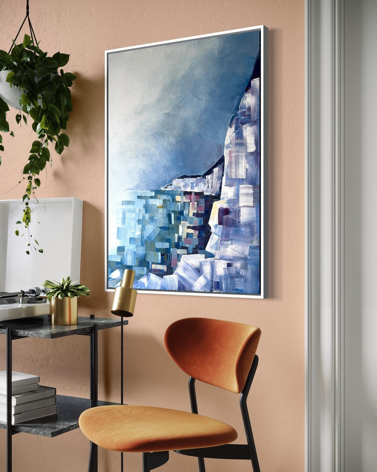 Andrea Nicole 'Solitude' fine art canvas in a white tray float frame, shown on the wall in a styled room setting. | an:family=canvas;role=hero;finish=white;scene=white_3