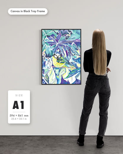 Andrea Nicole 'Taking Flight' fine art canvas in a black tray float frame, A1 — shown to scale on a gallery wall with a size guide card. | an:family=canvas;role=sizeref;size=A1;finish=black