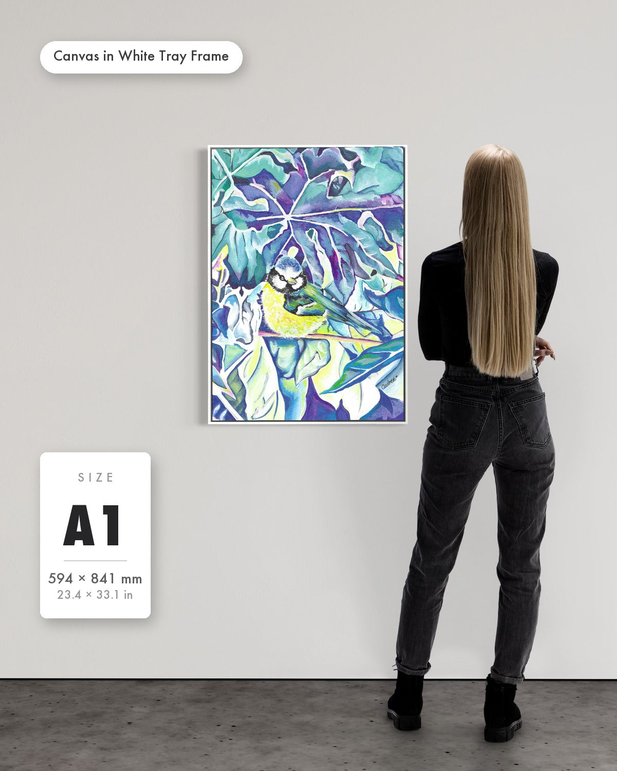 Andrea Nicole 'Taking Flight' fine art canvas in a white tray float frame, A1 — shown to scale on a gallery wall with a size guide card. | an:family=canvas;role=sizeref;size=A1;finish=white