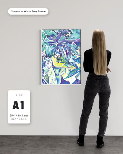 Andrea Nicole 'Taking Flight' fine art canvas in a white tray float frame, A1 — shown to scale on a gallery wall with a size guide card. | an:family=canvas;role=sizeref;size=A1;finish=white