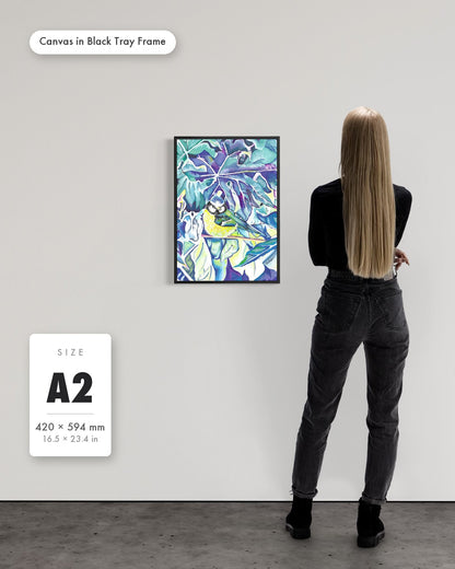 Andrea Nicole 'Taking Flight' fine art canvas in a black tray float frame, A2 — shown to scale on a gallery wall with a size guide card. | an:family=canvas;role=sizeref;size=A2;finish=black