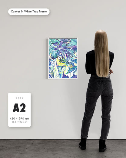 Andrea Nicole 'Taking Flight' fine art canvas in a white tray float frame, A2 — shown to scale on a gallery wall with a size guide card. | an:family=canvas;role=sizeref;size=A2;finish=white
