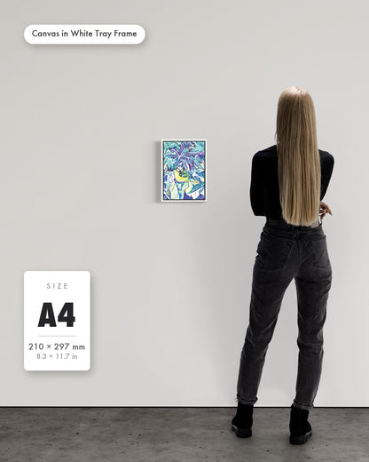 Andrea Nicole 'Taking Flight' fine art canvas in a white tray float frame, A4 — shown to scale on a gallery wall with a size guide card. | an:family=canvas;role=sizeref;size=A4;finish=white