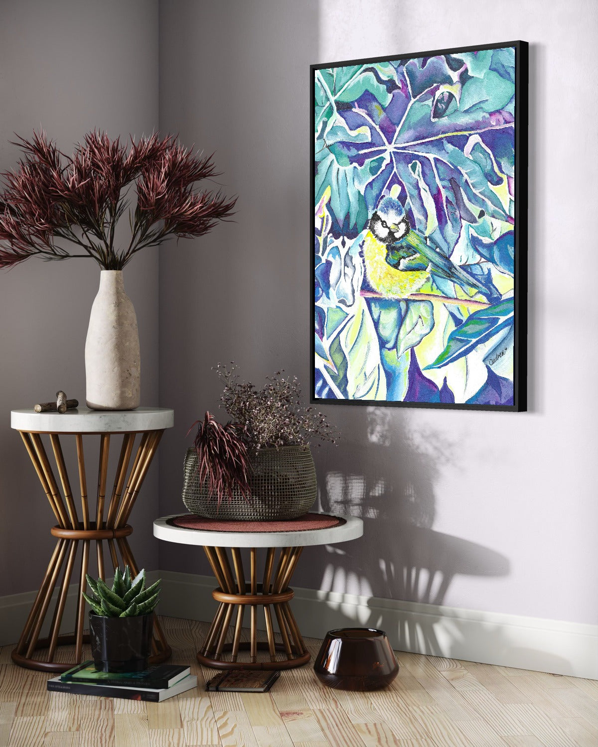 Andrea Nicole 'Taking Flight' fine art canvas in a black tray float frame, shown on the wall in a styled room setting. | an:family=canvas;role=hero;finish=black;scene=black_3