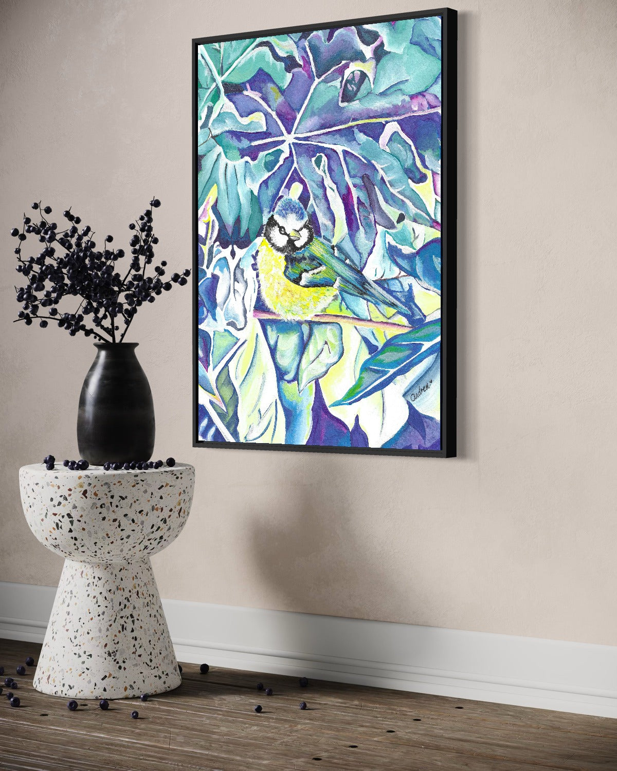Andrea Nicole 'Taking Flight' fine art canvas in a black tray float frame, shown on the wall in a styled room setting. | an:family=canvas;role=hero;finish=black;scene=black_4