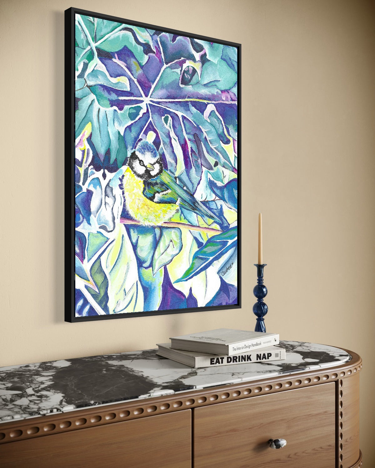 Andrea Nicole 'Taking Flight' fine art canvas in a black tray float frame, shown on the wall in a styled room setting. | an:family=canvas;role=hero;finish=black;scene=black_5