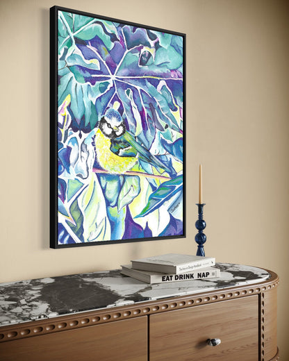 Andrea Nicole 'Taking Flight' fine art canvas in a black tray float frame, shown on the wall in a styled room setting. | an:family=canvas;role=hero;finish=black;scene=black_5
