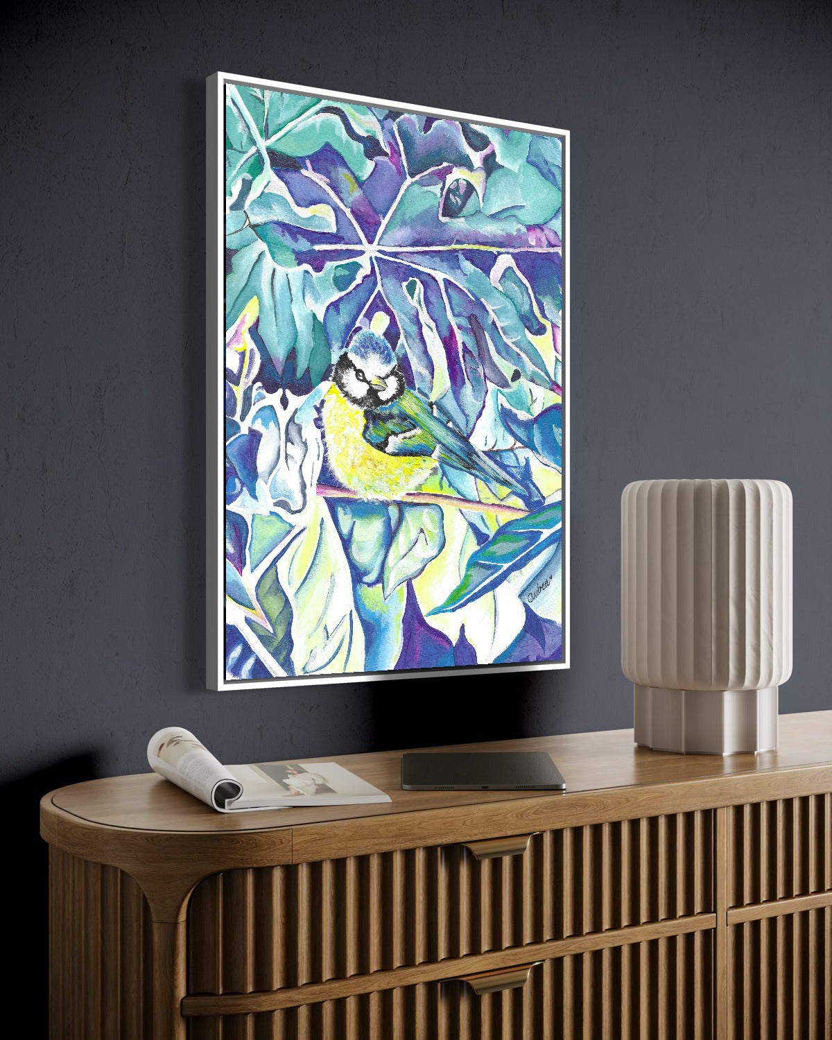 Andrea Nicole 'Taking Flight' fine art canvas in a white tray float frame, shown on the wall in a styled room setting. | an:family=canvas;role=hero;finish=white;scene=white_2