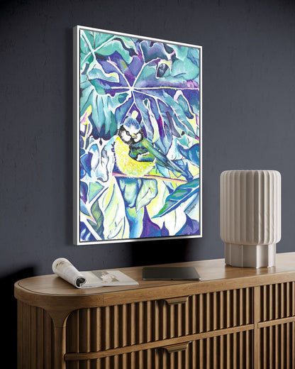 Andrea Nicole 'Taking Flight' fine art canvas in a white tray float frame, shown on the wall in a styled room setting. | an:family=canvas;role=hero;finish=white;scene=white_2
