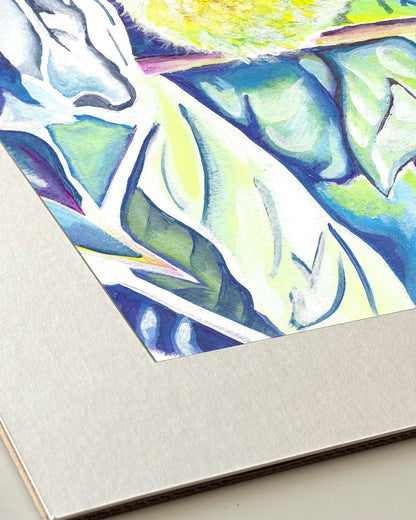Andrea Nicole 'Taking Flight' giclée fine art print in an off-white window mount, shown corner-on so the bevel-cut window opening, 100% cotton paper and mount board are visible. | an:family=print;role=mount