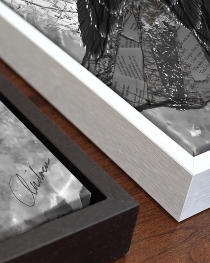 Andrea Nicole 'The Journey to Transformation' gallery canvas in a tray float frame — close detail of the floating edge and frame moulding. | an:family=canvas;role=hero