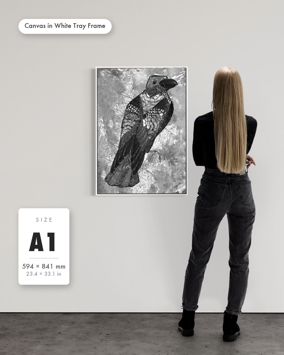 Andrea Nicole 'The Journey to Transformation' fine art canvas in a white tray float frame, A1 — shown to scale on a gallery wall with a size guide card. | an:family=canvas;role=sizeref;size=A1;finish=white