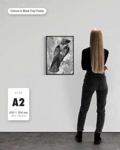 Andrea Nicole 'The Journey to Transformation' fine art canvas in a black tray float frame, A2 — shown to scale on a gallery wall with a size guide card. | an:family=canvas;role=sizeref;size=A2;finish=black