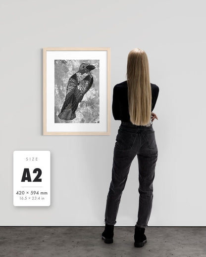 The Journey to Transformation — A2 (420 x 594 mm) natural frame art print shown to scale beside a person, with a size guide card. | an:family=print;role=sizeref;size=A2;finish=natural