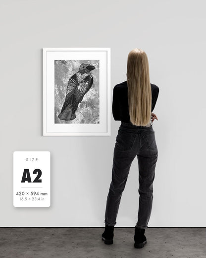 The Journey to Transformation — A2 (420 x 594 mm) white frame art print shown to scale beside a person, with a size guide card. | an:family=print;role=sizeref;size=A2;finish=white
