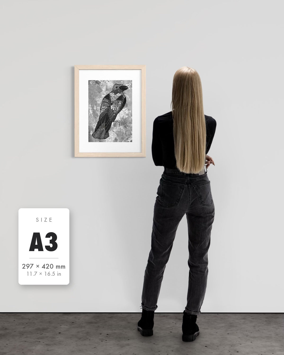 The Journey to Transformation — A3 (297 x 420 mm) natural frame art print shown to scale beside a person, with a size guide card. | an:family=print;role=sizeref;size=A3;finish=natural