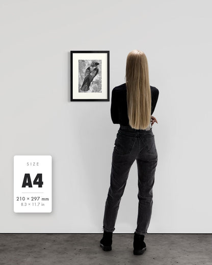 The Journey to Transformation — A4 (210 x 297 mm) black frame art print shown to scale beside a person, with a size guide card. | an:family=print;role=sizeref;size=A4;finish=black
