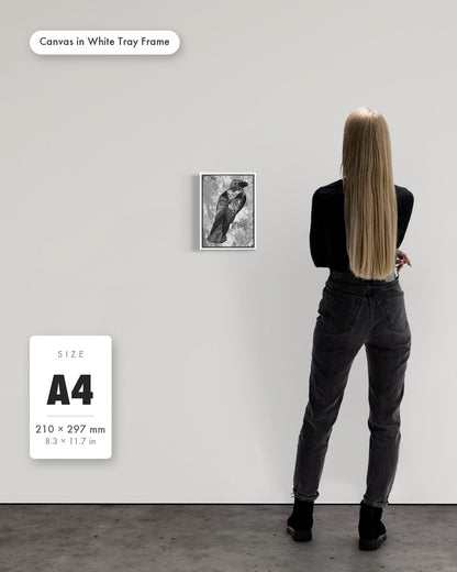 Andrea Nicole 'The Journey to Transformation' fine art canvas in a white tray float frame, A4 — shown to scale on a gallery wall with a size guide card. | an:family=canvas;role=sizeref;size=A4;finish=white